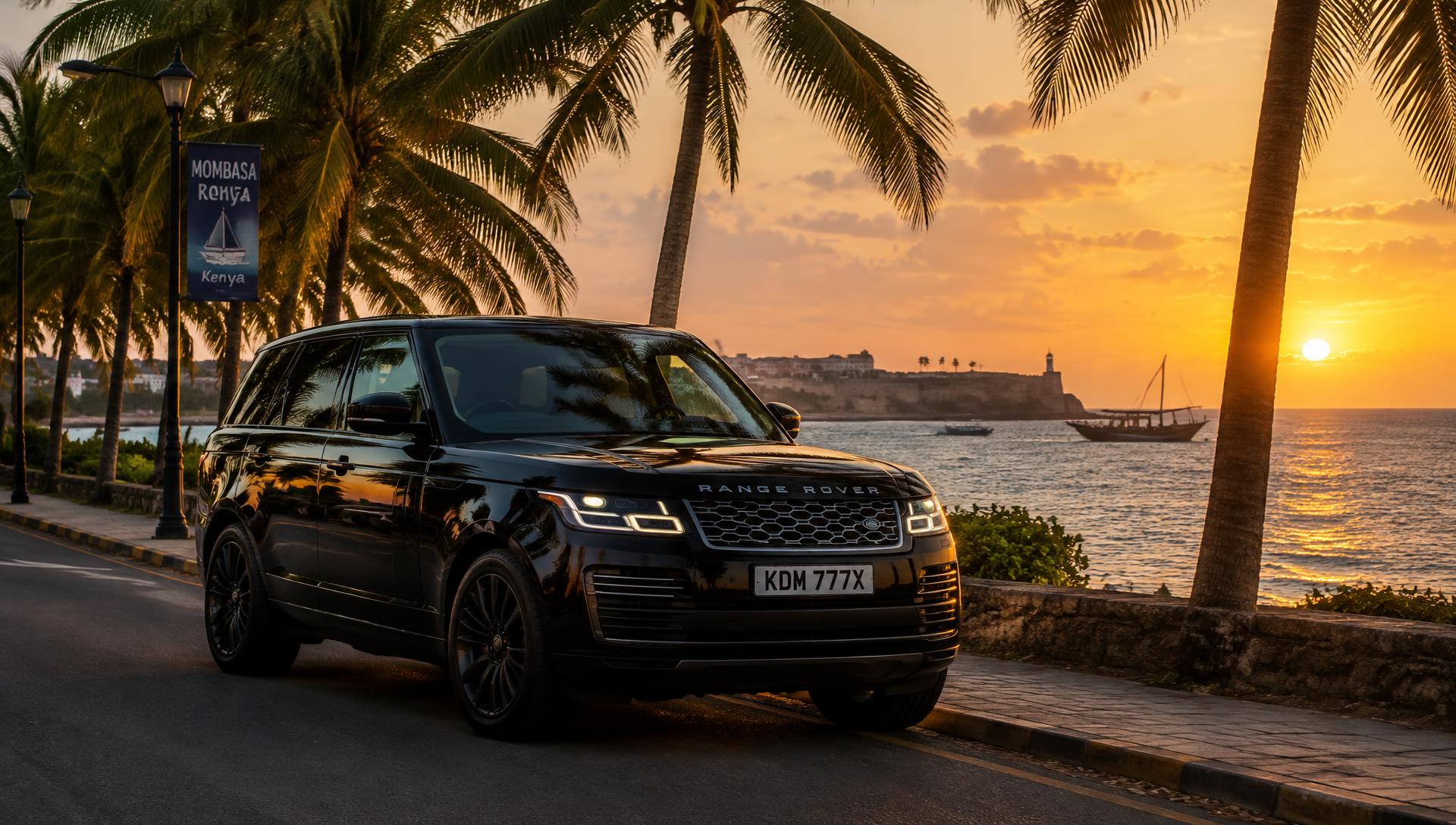 Black executive SUV on the Mombasa seafront at sunset