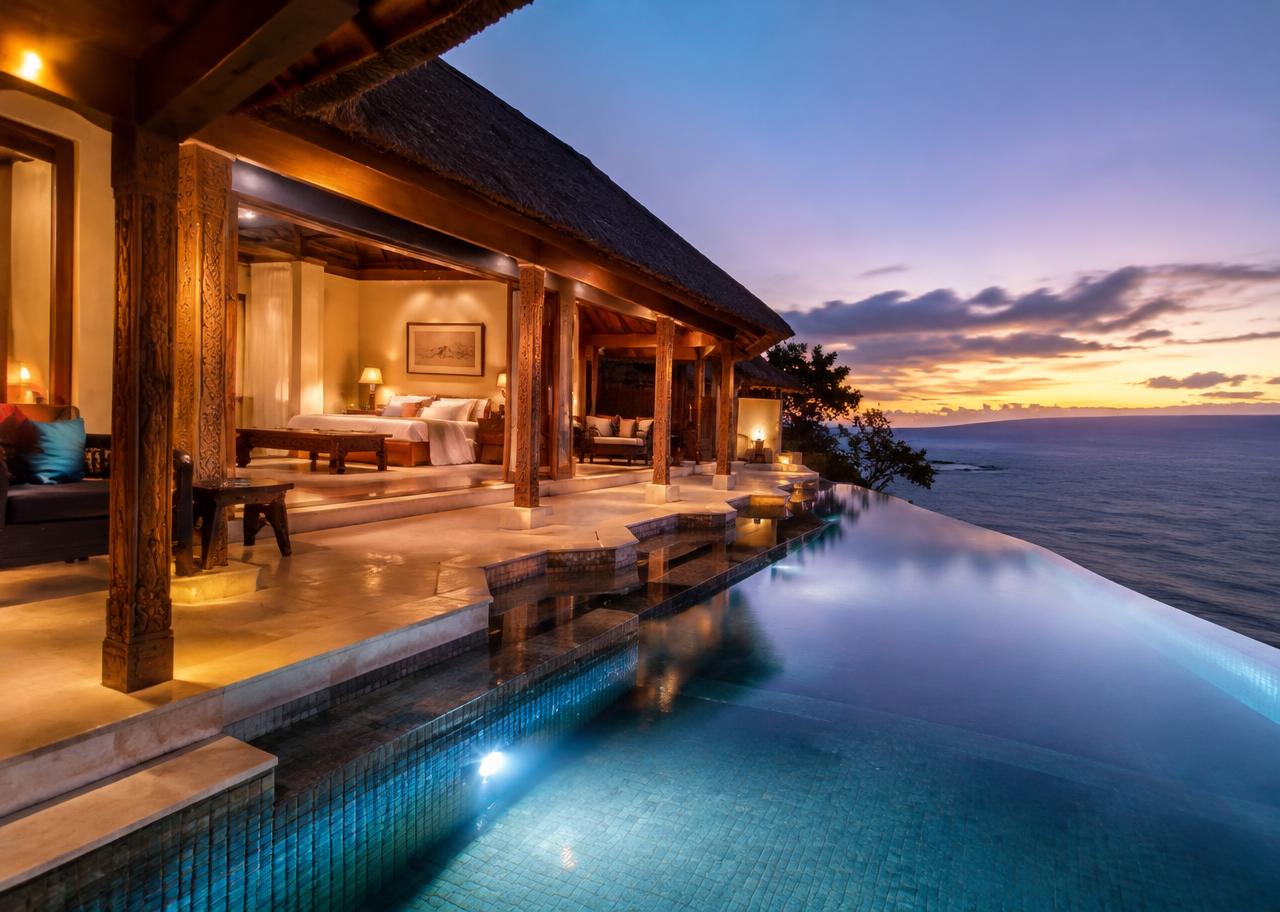 Oceanfront villa with infinity pool at dusk